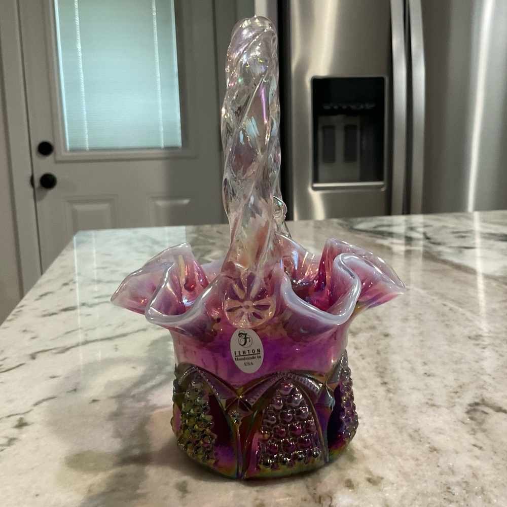 Fenton Plum Opalescent Button and Arch Basket